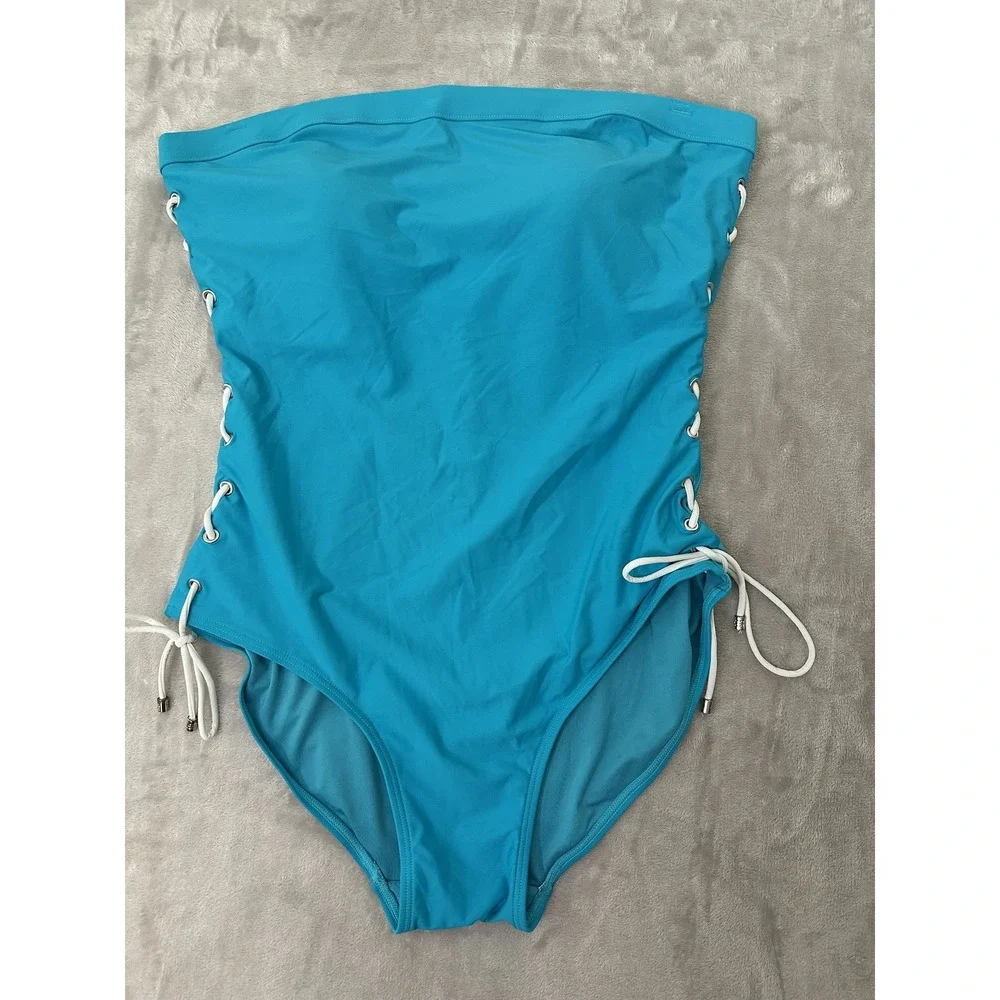 Tommy Hilfiger Swimsuit Womens 16 Blue One Piece Lace Up‎ Bandeau Strapless Swim